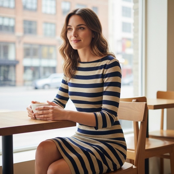 Lauren Ralph Lauren Dresses & Skirts - Ralph Lauren Sweater Dress Neutral Metallic Stripes Midi Office Bodycon Casual
